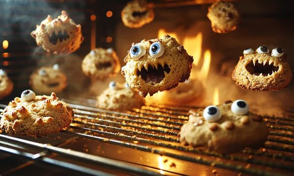 Playful cookies with googly eyes and monster faces baking in a warm oven, surrounded by steam