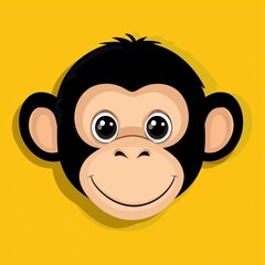 Cartoon monkey face with large blue eyes and cheerful smile on bright yellow background