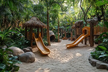 A Lush Tropical Playground Featuring Slides and a Sandy Surface