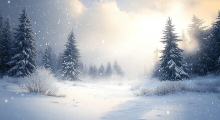 Fototapeta premium Serene Winter Wonderland: Snow-Covered Fir Trees Against a Frozen Landscape, Captured in a Misty Blue-Ice Hues on a Silent Snowfall Background