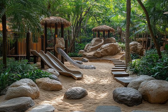A jungle themed playground featuring multiple slides and structures