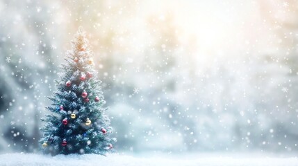 Snowy Christmas Magic: Blurred Bokeh Holiday Tree Scene with Sparkling Snowflakes on a Frossted White Background