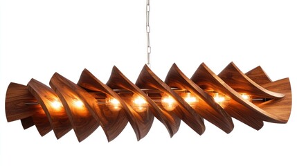 Walnut wood spiral chandelier, modern, interior lighting, white background