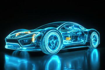 Obraz premium Futuristic blueprint of a high-tech electric car glowing with neon blue lights, showcasing detailed interior and mechanical structure on a dark background
