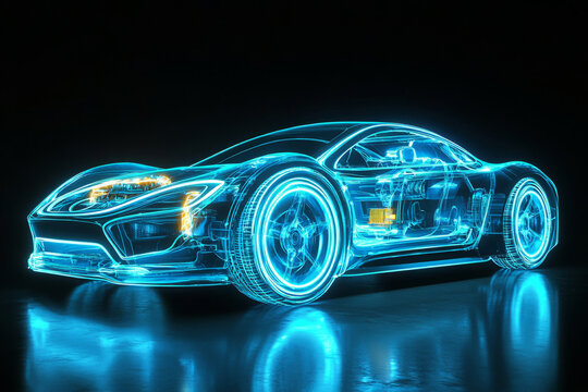 Futuristic blueprint of a high-tech electric car glowing with neon blue lights, showcasing detailed interior and mechanical structure on a dark background