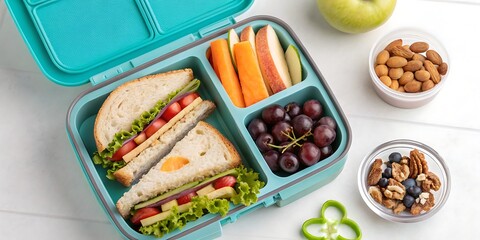 Healthy Kids Lunchbox Packed with Sandwich, Fruits, and Nuts