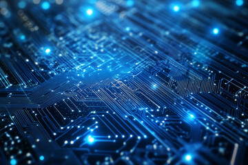 Futuristic blue circuit board with glowing electronic lines and nodes, symbolizing advanced technology, innovation, and connectivity