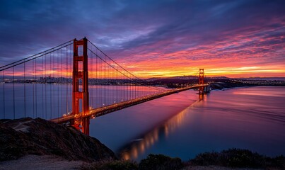 Obraz premium Golden Gate Bridge at Sunrise over San Francisco Bay. Majestic view of the bridge at dawn with vibrant colors