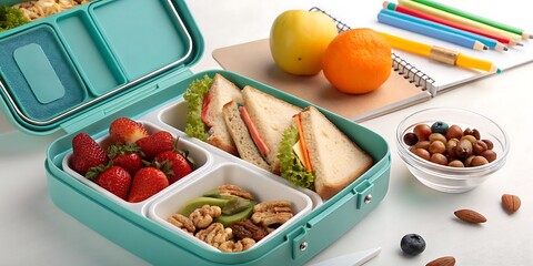 Healthy School Lunch Box Packed with Sandwiches and Fruits