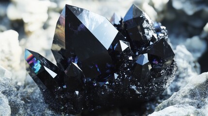 Dark, lustrous crystals cluster in a mineral specimen.