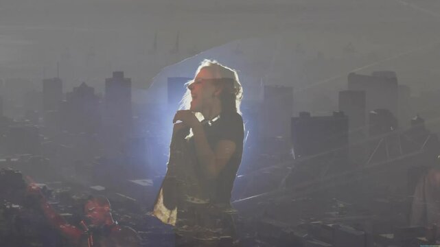 Singer performing at concert with microphone, showing animated sound bars dancing with light beams