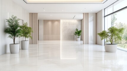 Modern, minimalist lobby interior with large windows and potted plants.