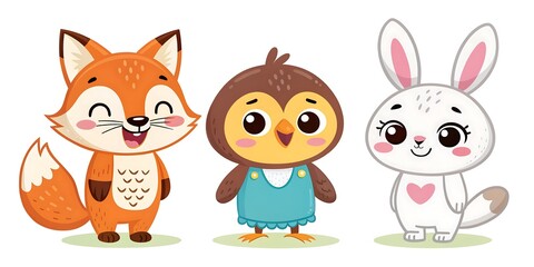 Adorable Cartoon Fox Owl Bunny Animals Illustration