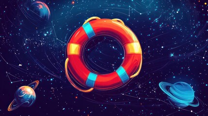 Life Preserver in Cosmic Setting with Planets and Constellations Illustration