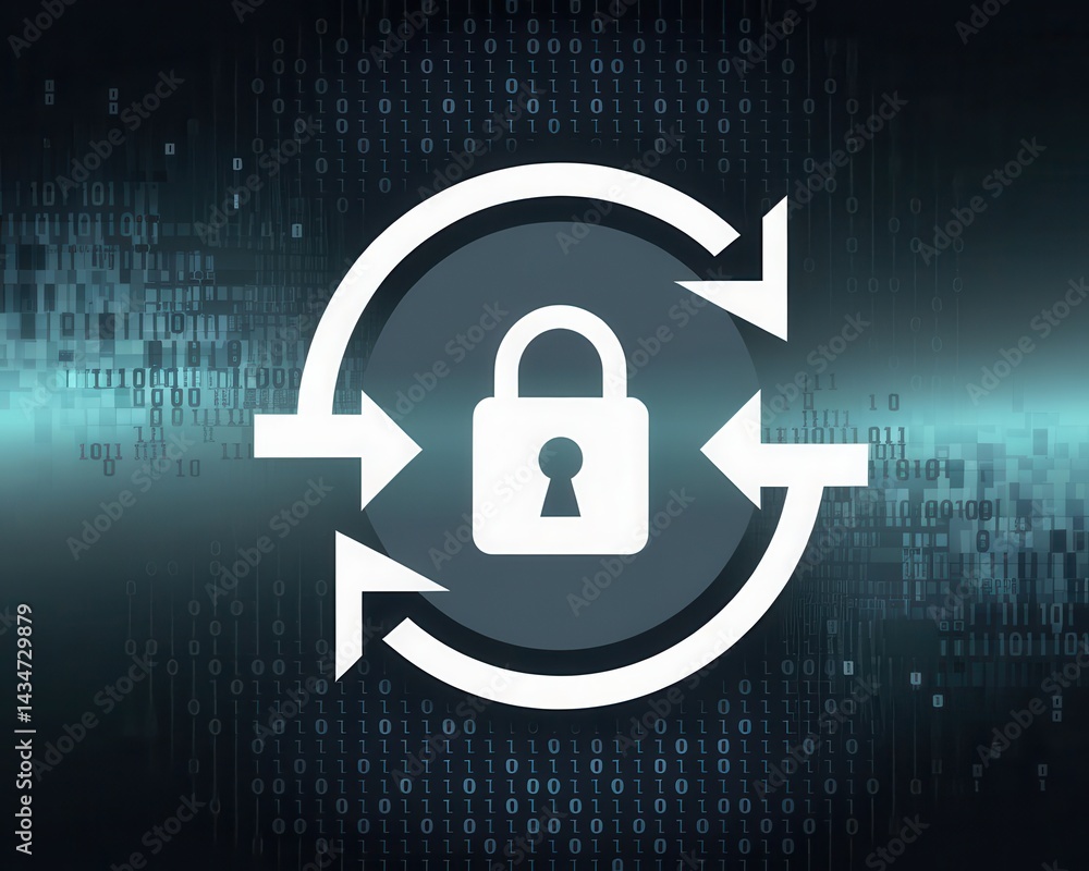 Poster digital security: padlock surrounded by arrows and binary code backdrop