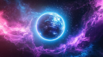 Obraz premium Neon planet encircled by vibrant nebulae in cosmic space.