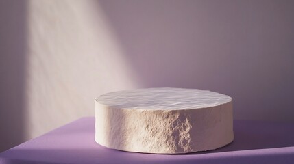 White textured podium, sunlight, purple backdrop, product display