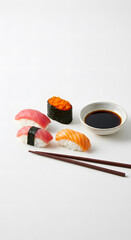 Minimalist sushi setup with chopsticks and dipping sauce on a clean white background