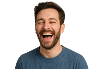 Joyful young man laughing with closed eyes in casual blue t-shirt against white background. Isolated illustration