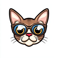 Whimsical illustration of a cat wearing brown sunglasses with blue eyes
