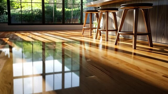 The parquet floor is made of natural red oak, polished to a mirror shine, and the kitchen has large panoramic windows. Movement of the camera across the floor. Generative 4k video.
