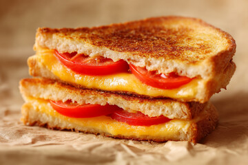 Grilled cheese sandwich with tomato slices on brown paper.