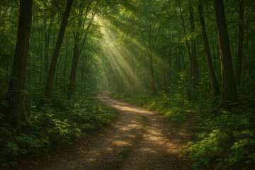 Obraz premium Sunlit forest path with lush greenery and dense trees in tranquil woodland setting. Isolated illustration