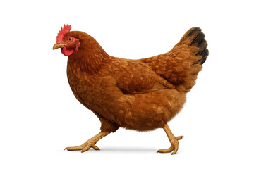 Fototapeta premium Brown hen strutting on black background with detailed feathers and comb. Isolated illustration