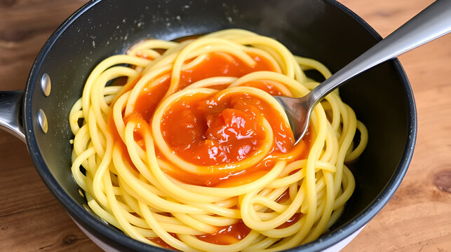 Versamento sugo sulla pasta cotta scolata