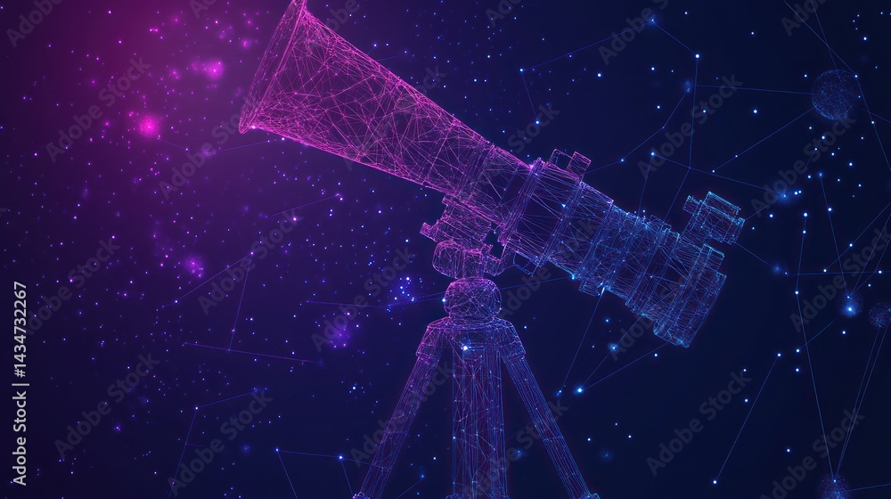 Poster conceptual rendering of a telescope observing the expanse of a cosmic starfield