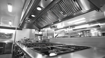 Detailed View of Commercial Kitchen Hood and Grease Filter Maintenance in Modern Stainless Steel Setting