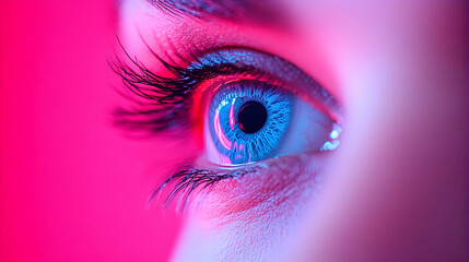 Closeup of a Woman's Blue Eye with Pink Neon Lighting