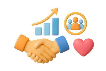 3d icons: handshake, growth chart, community, and heart symbolize business and teamwork. Isolated illustration