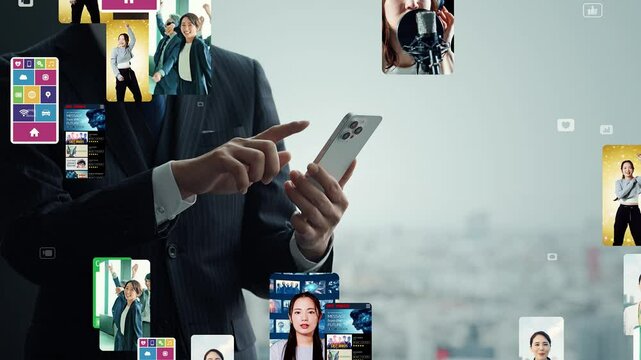 スマホを使うビジネスパーソンと縦型ショートムービーのコンセプト