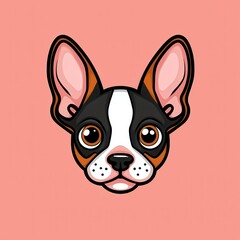 Cartoon illustration of a Boston Terrier dog with black and white fur and pink ears