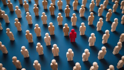 Obraz premium A crowd of many different people forms a social group, with one red person standing out as unique, a symbol of individuality in the community