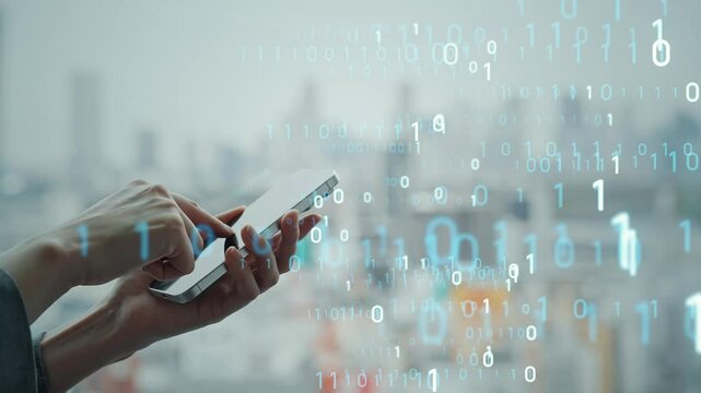 スマホを使う女性とデジタルテクノロジーのコンセプト