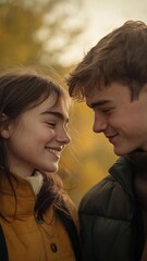 Fototapeta premium Young Couple Smiling Together in Warm Autumn Light with Blurred Golden Background
