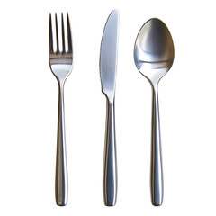 Three elegant stainless steel utensils arranged neatly on a white background, ideal for dining and culinary presentations