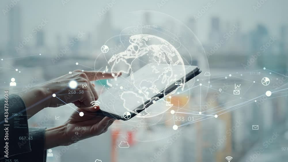 Poster global network concept with woman using tablet with city background