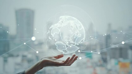 Global network concept with woman holding hands against city background - Powered by Adobe
