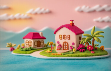 Fototapeta premium A whimsical, miniature island scene with clay-like houses, lush greenery, and a bright sky. The island is surrounded by blue water, creating a sense of tranquility and paradise.