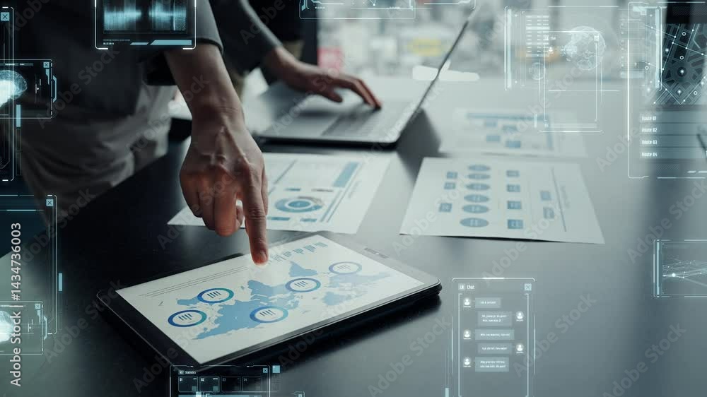Poster digital technology concept with business people using laptop and tablet pc in office