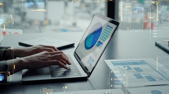 オフィスでノートパソコンを使うビジネスパーソンとデジタルテクノロジーのコンセプト