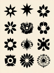 Y2k style geometric shape and symbol collection - black silhouette vector set of stars and flowers, ovals and blobs, abstract forms and metaballs. 2000s design elements for retro futuristic creation.