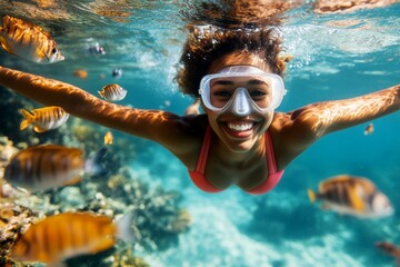 Fototapeta premium Bright commercial style image. Many tropical fish swim next to her. A stunning and sexy happy middle eastern young woman with long hair with a happy face snorkeling among the corals.
