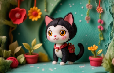 Fototapeta premium A charming feline figurine, adorned with a decorative collar and mini backpack, stands in a vibrant garden setting with blossoming flora, and small potted plants, offering a sense of whimsy.