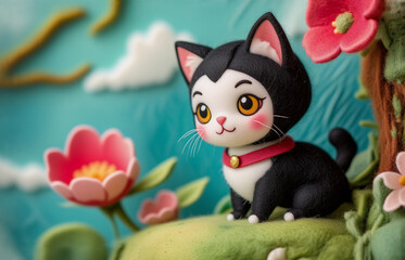 A cute black and white cat is set against a backdrop of flowers and lush foliage. It sits on a grassy knoll, surrounded by colorful blooms, creating a whimsical and lovely scene. The sky is in the bac