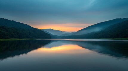 Fototapeta premium Serene lake sunrise over hills