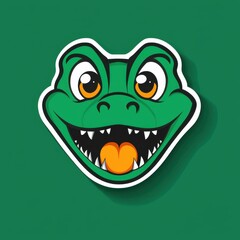 Cartoon alligator head with wide open mouth and sharp teeth on green background